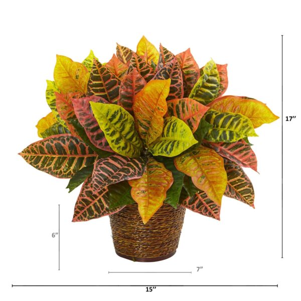 Close-up of leaf foliage texture on this 17' Garden Croton Artificial Plant Basket Real Touch