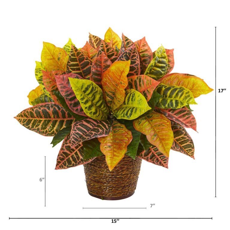 Close-up of leaf foliage texture on this 17' Garden Croton Artificial Plant Basket Real Touch