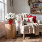 Alternate angle of the 19' Artificial Lush White Poinsettia Red Wrapped Planter showing full plant