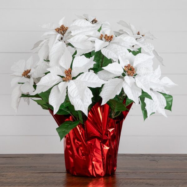 19' Artificial Lush White Poinsettia Arrangement in Red Wrapped Planter