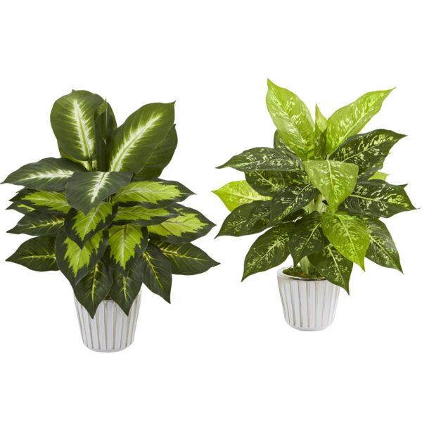 19' Dieffenbachia Artificial Plant in White Vase Set of 2