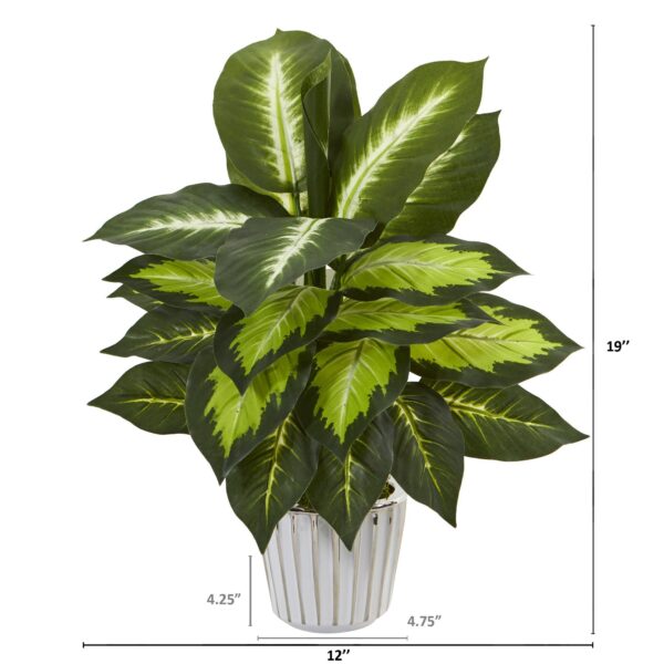 Close-up of leaf foliage texture on this 19' Dieffenbachia Artificial Plant White Vase Set