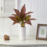Close-up of leaf foliage texture on this 19' Musa Leaf Artificial Plant in White Planter