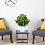 Alternate angle of the 2' Golden Dieffenbachia Artificial Plant White Metal Planter showing full plant