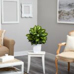 Detail view of planter detail from the 2' Golden Dieffenbachia Artificial Plant White Metal Planter