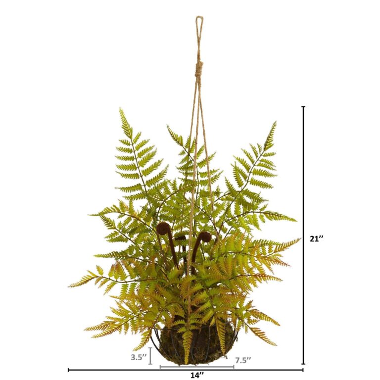 Close-up of leaf foliage texture on this 21' Fern Artificial Plant in Metal Hanging Basket