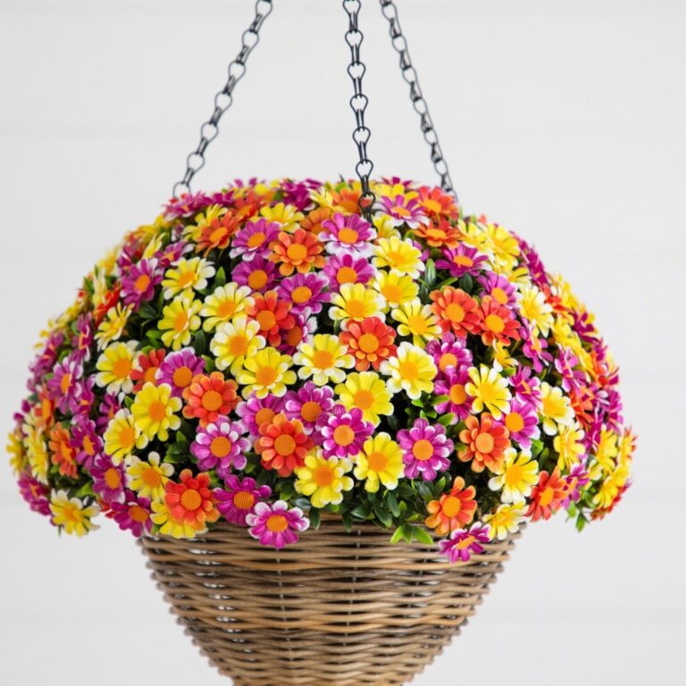 Close-up of craft detail close-up on this 22' UV Resistant Artificial Mixed Daisy Hanging Basket