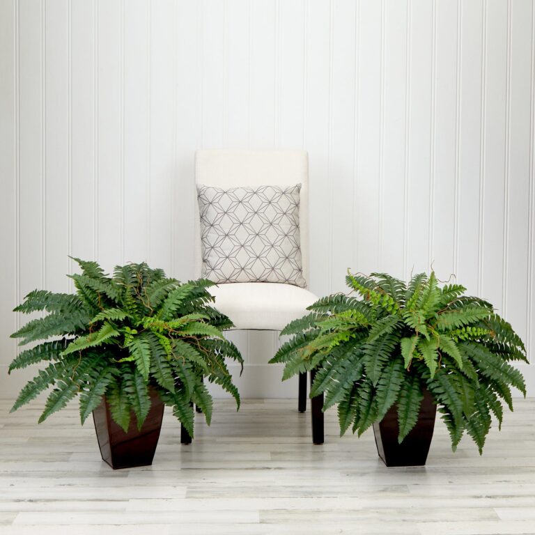 Close-up of leaf foliage texture on this 23' Artificial Boston Fern Plant Square Metal Planter