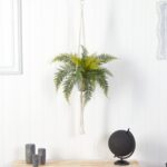 Alternate angle of the 25' Fern Hanging Artificial Plant in Decorative Basket showing full plant