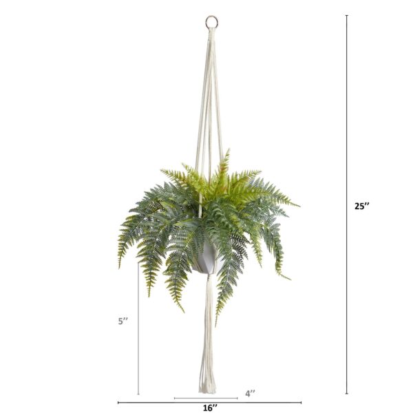 Close-up of leaf foliage texture on this 25' Fern Hanging Artificial Plant in Decorative Basket