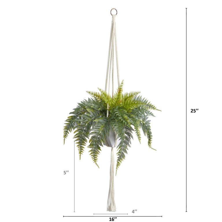 Close-up of leaf foliage texture on this 25' Fern Hanging Artificial Plant in Decorative Basket