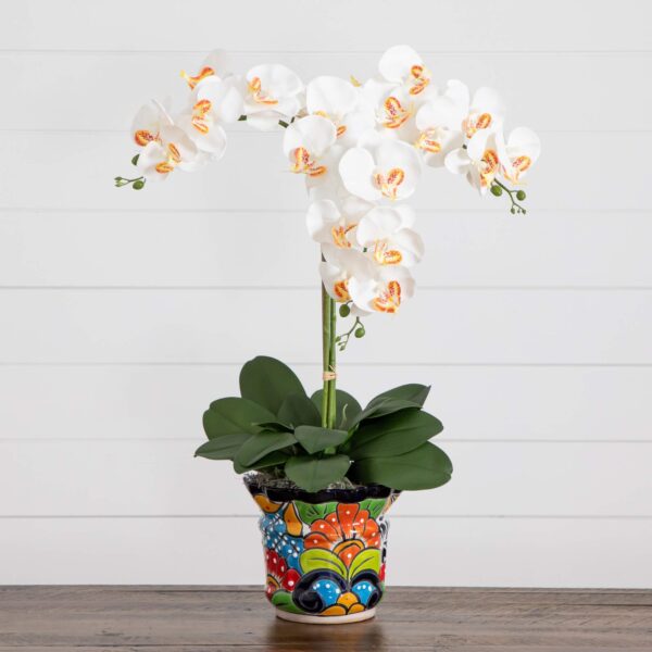 27' Artificial Triple Orchid Arrangement in Handmade Mexican Talavera Ceramic Planter