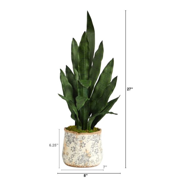 Close-up of leaf foliage texture on this 27' Sansevieria Artificial Plant in Decorative Planter