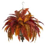 28' Autumn Boston Fern Artificial Plant in Hanging Metal Bowl