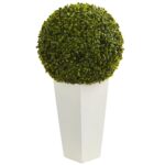 28' Boxwood Topiary Ball Artificial Plant in White Tower Planter Indoor Outdoor