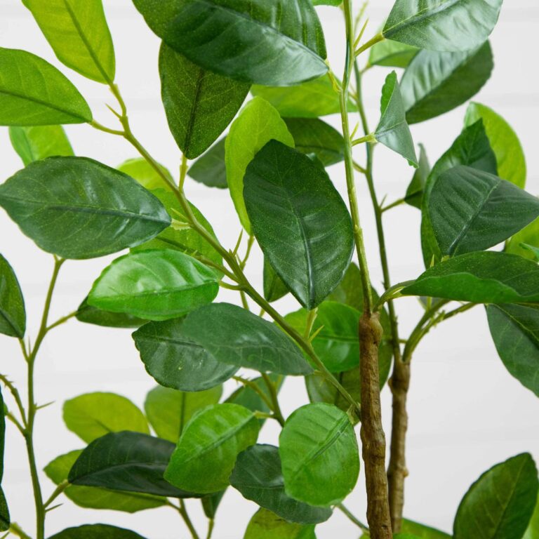 Close-up of leaf foliage texture on this 3' Ficus Artificial Tree in Planter