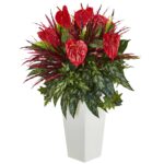 33 inch Mixed Anthurium Artificial Plant in White Tower Vase