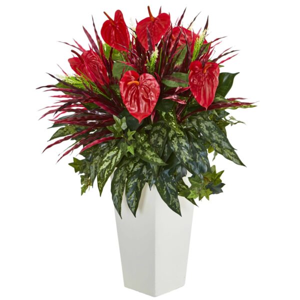 33 inch Mixed Anthurium Artificial Plant in White Tower Vase
