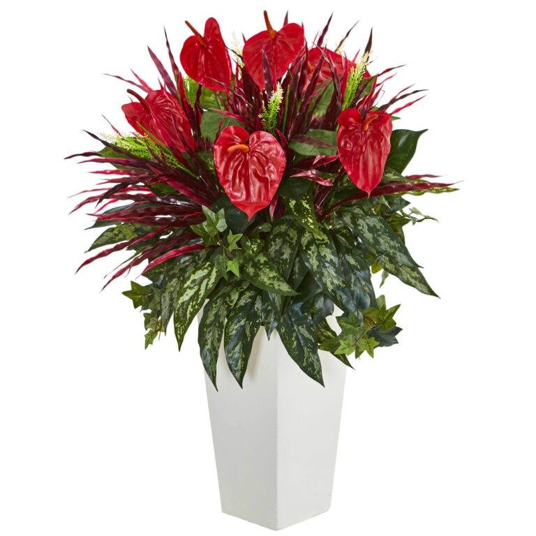 33 inch Mixed Anthurium Artificial Plant in White Tower Vase