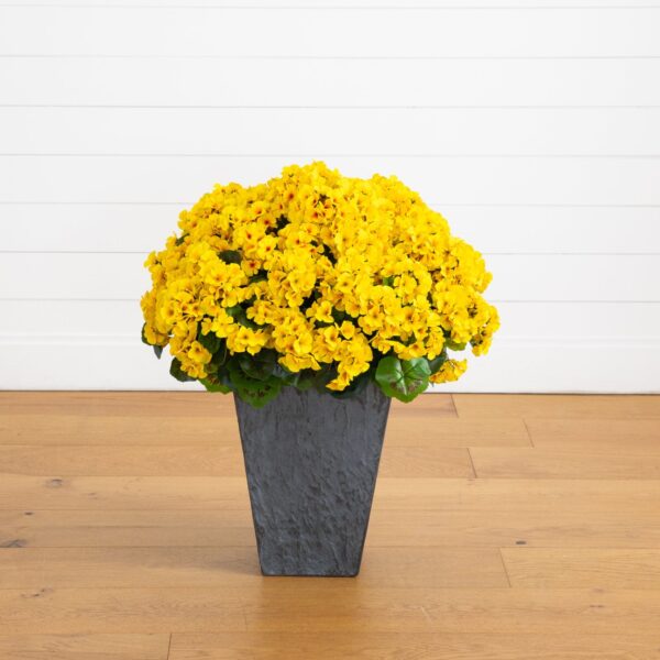 33 inch UV Resistant Artificial Geranium Plant in Slate Ceramic Planter Indoor Outdoor - Yellow