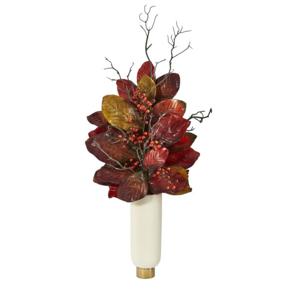 38' Autumn Magnolia Leaf with Berries Artificial Plant in Cream Planter with Gold Base
