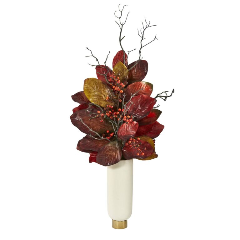 38' Autumn Magnolia Leaf with Berries Artificial Plant in Cream Planter with Gold Base