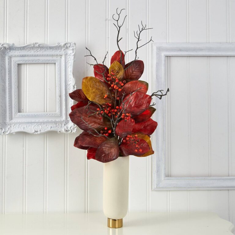 Close-up of bloom tips on this 38' Autumn Magnolia Leaf Cream Planter with Gold