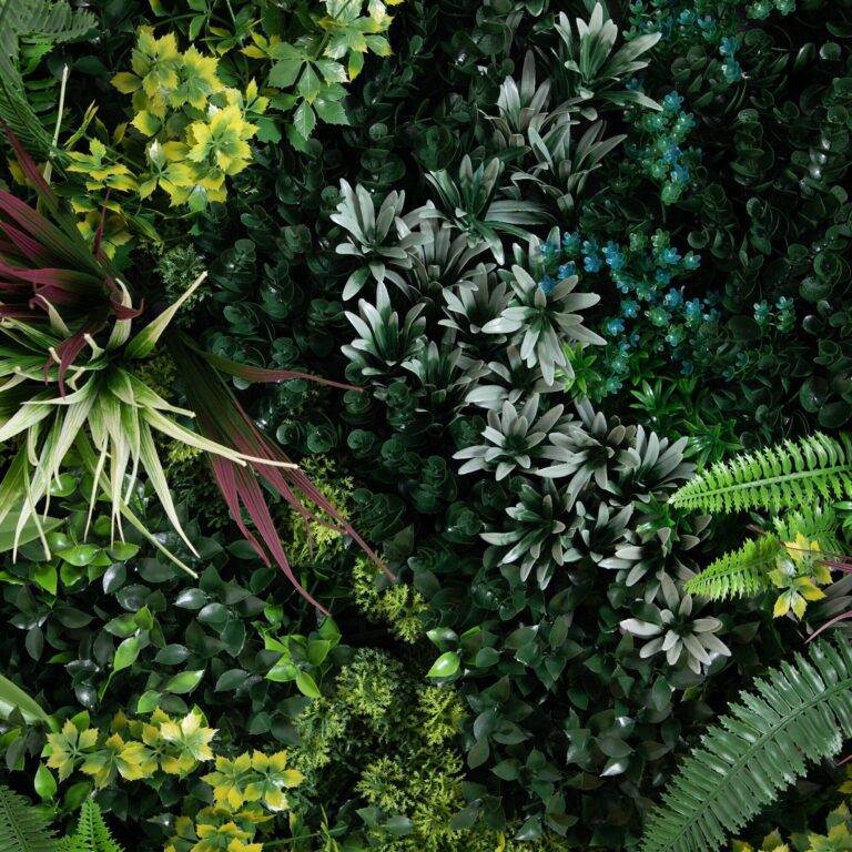 Close-up of craft detail close-up on this 38' UV Resistant Virgin Islands Artificial Living Wall