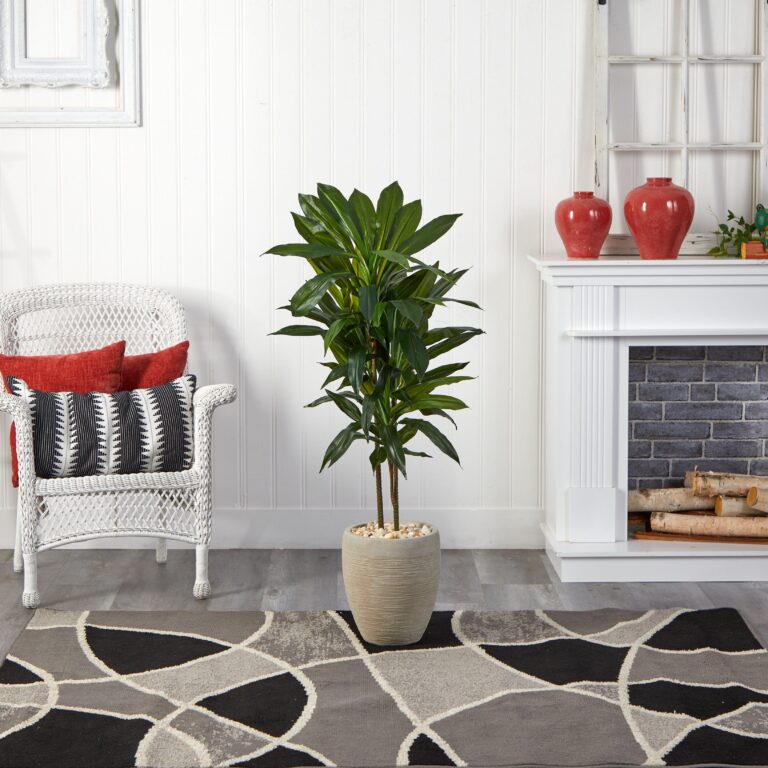 Close-up of leaf foliage texture on this 4' Artificial Dracaena Plant Sand Colored Planter Real