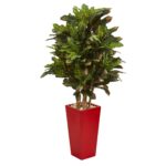 4' Croton Artificial Plant in Red Planter