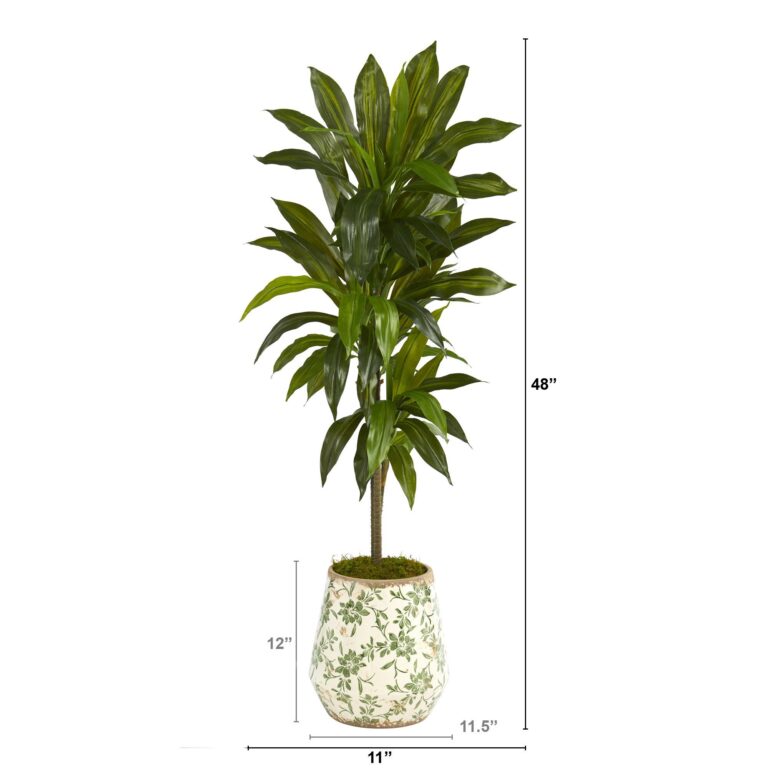 Close-up of leaf foliage texture on this 4' Dracaena Artificial Plant Flower Print Planter Real