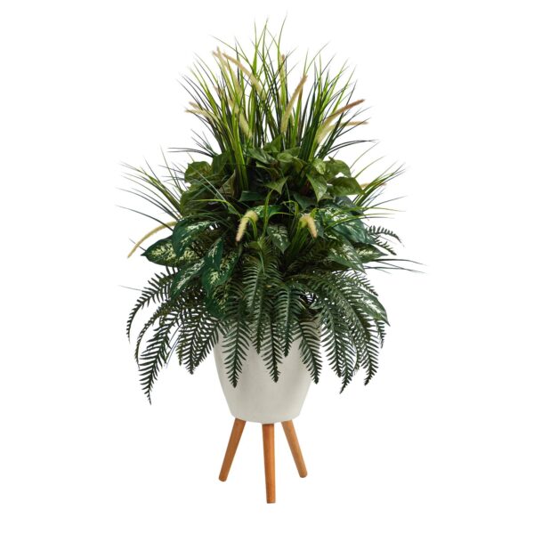 4.5' Mixed Greens Artificial Plant in White Planter with Legs