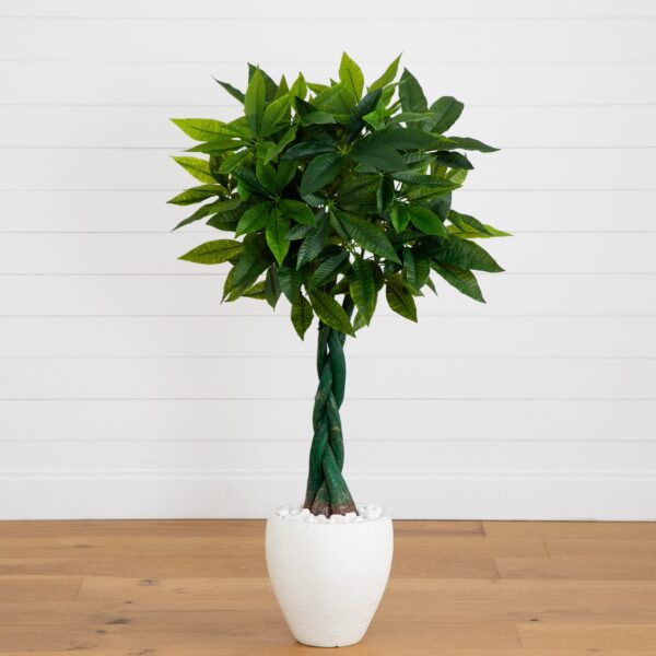 Close-up of leaf foliage texture on this 4.5' Money Artificial Tree White Oval Planter Real