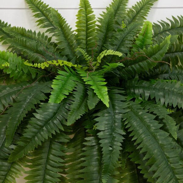 Close-up of craft detail close-up on this 48 inch UV Resistant Artificial Boston Fern Indoor