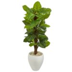 5' Large Leaf Philodendron Artificial Plant in White Oval Planter Real Touch