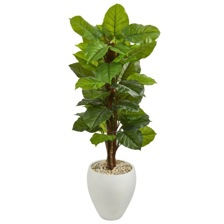 5' Large Leaf Philodendron Artificial Plant in White Oval Planter Real Touch