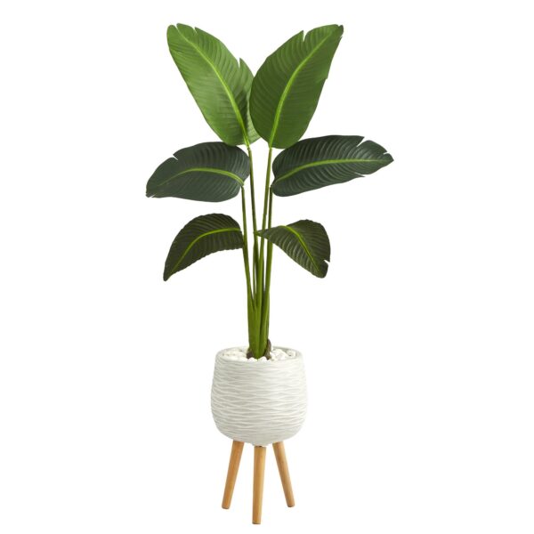 5' Traveler's Palm Artificial Plant in White Planter with Stand Real Touch