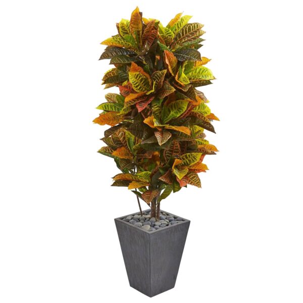 5.5' Croton Artificial Plant in Slate Planter Real Touch