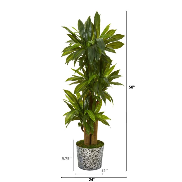 Close-up of leaf foliage texture on this 58' Corn Stalk Dracaena Artificial Embossed Tin Planter