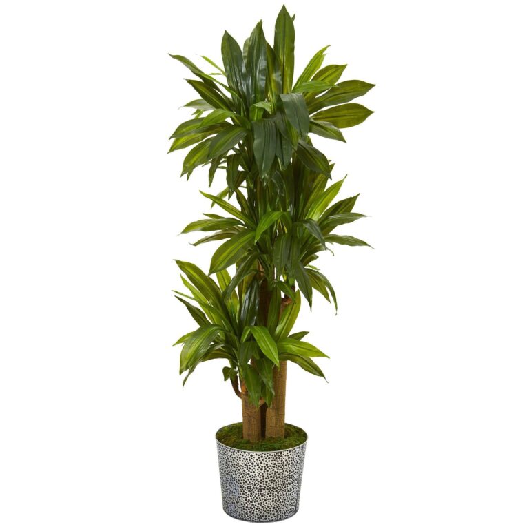 58' Corn Stalk Dracaena Artificial Plant in Black Embossed Tin Planter Real Touch