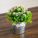 The 6' Artificial Succulent flowering Plant Daisy Tin Planter shown in full, highlighting branch layering