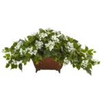Alternate angle of the Bougainvillea in Metal Planter showing full plant from planter to top