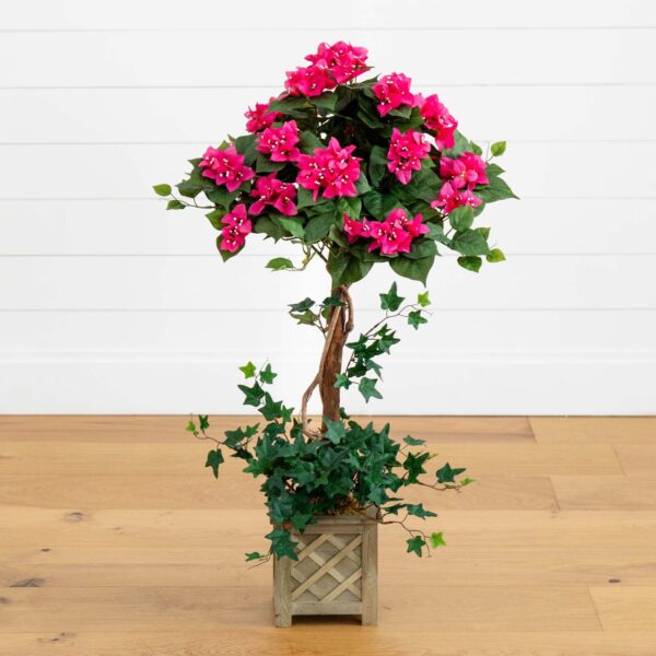 34 inch Bougainvillea Topiary w Wood Box