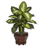 Detail view of planter detail from the Dieffenbachia w Wood Vase Silk Vase Silk Plant