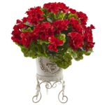 Alternate angle of the Geranium with Metal Planter UV Resistant Indoor Outdoor showing full plant