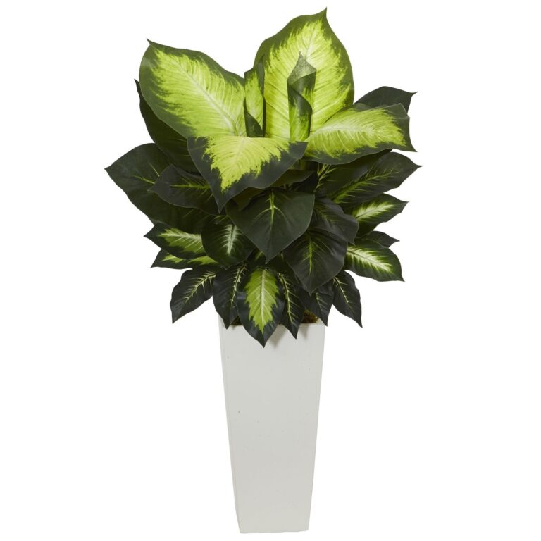 Golden Dieffenbachia Artificial Plant in White Tower Planter