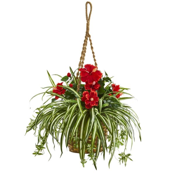 Hibiscus and Spider Artificial Plant in Hanging Basket