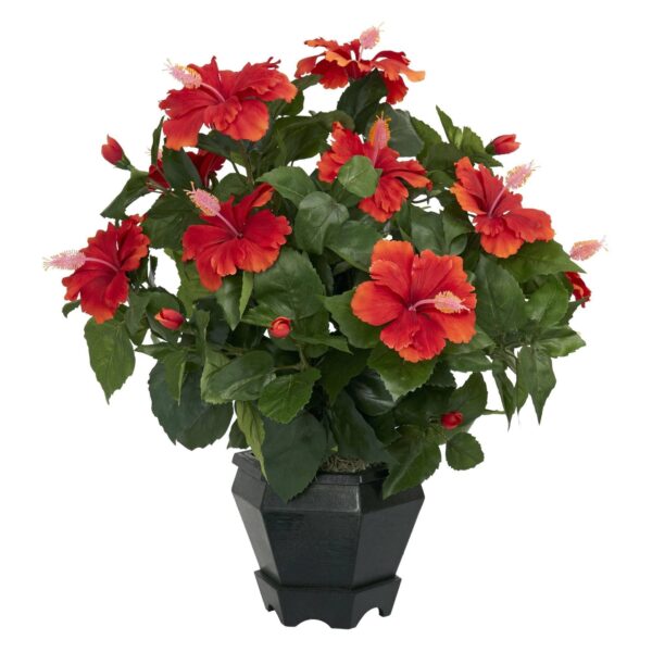 Hibiscus w Black Hexagon Vase Silk Plant