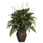 Mixed Greens w Spathyfillum and Decorative Vase Silk Plant