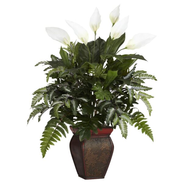 Mixed Greens w Spathyfillum and Decorative Vase Silk Plant